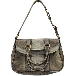 Brahmin Croc Embossed Animal Print Shoulder Bag Satchel Shimmery Gold Tan
